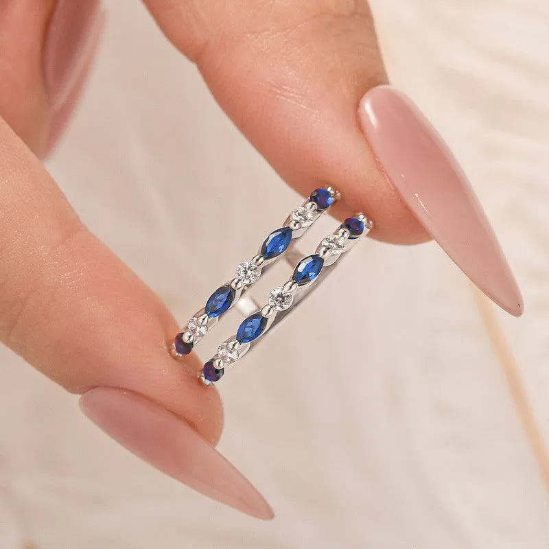 Wardrobe Staple Layering Choice 1.0Ct Blue & White Stone Unique Insert Wedding Band Engagement Ring Enhancer