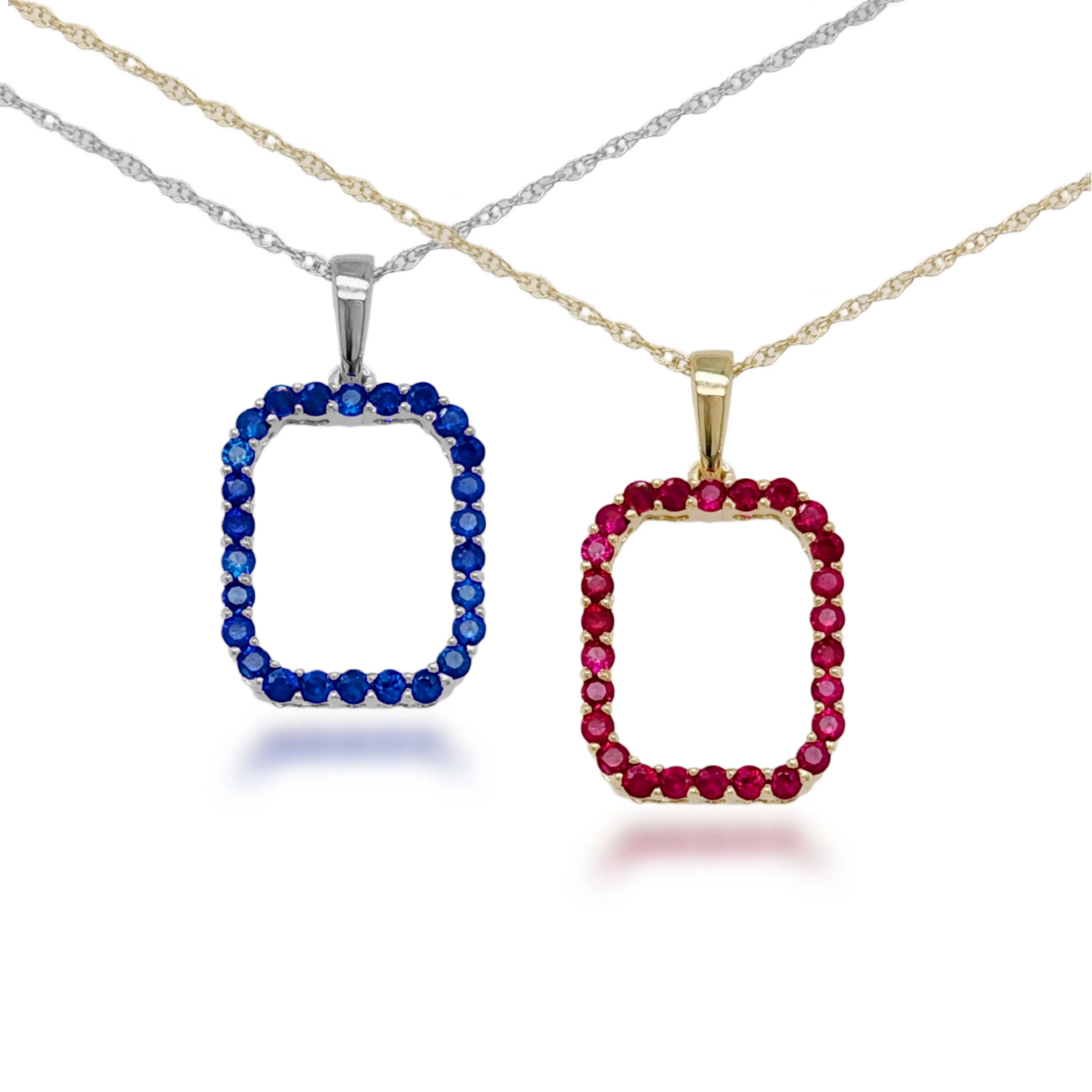 Sophisticated Style 10K Gold Rectangular Sapphire or Ruby Pendant Necklace