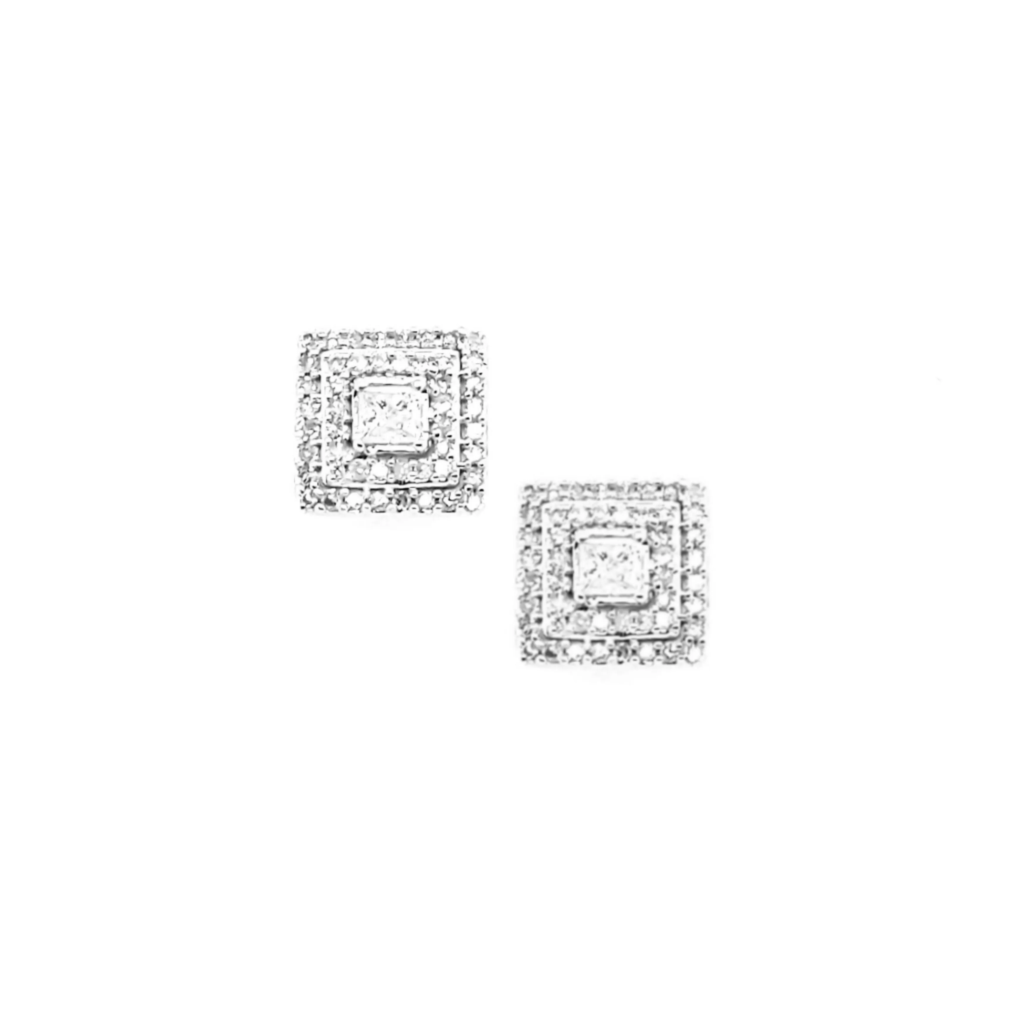 14K Gold And Diamond Center Stone and 2-Tier Square Framed Stud Earring Daily Accent Daytime Trinket