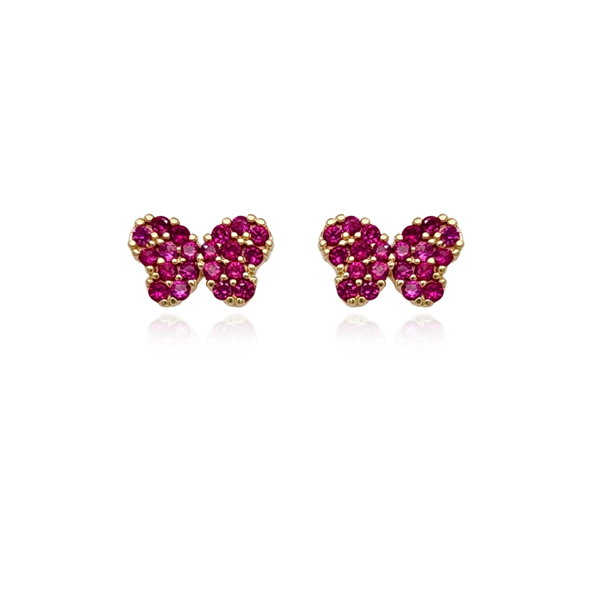 14k Gold Butterfly with Fuchsia CZ Stud Earrings Curved Accessory Embellished Trinket