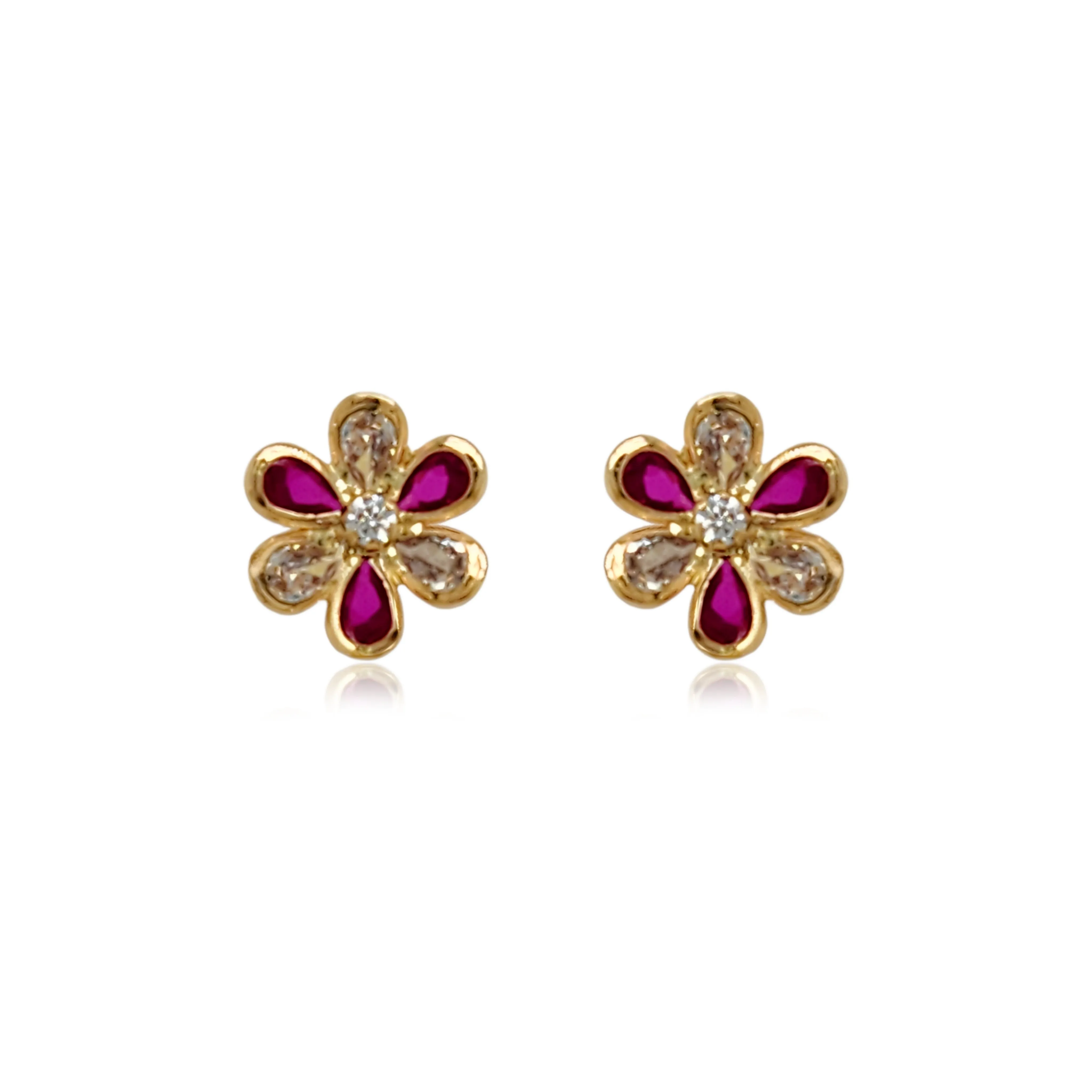 Classic Aesthetic 14k Gold Ruby and Clear CZ Flower Stud Earrings