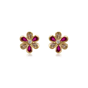 Classic Aesthetic 14k Gold Ruby and Clear CZ Flower Stud Earrings
