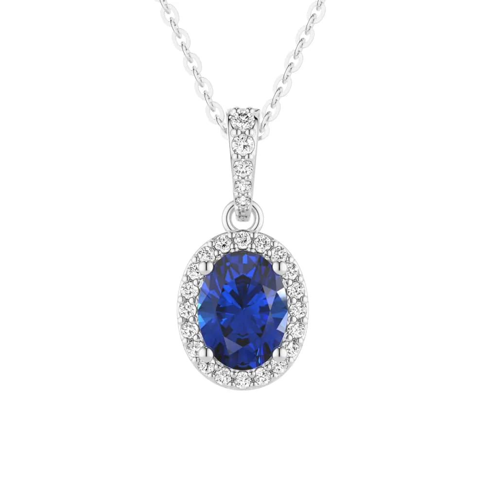 1.69 CT. Vintage Style Oval Sapphire Halo Pendant Gloss Accent