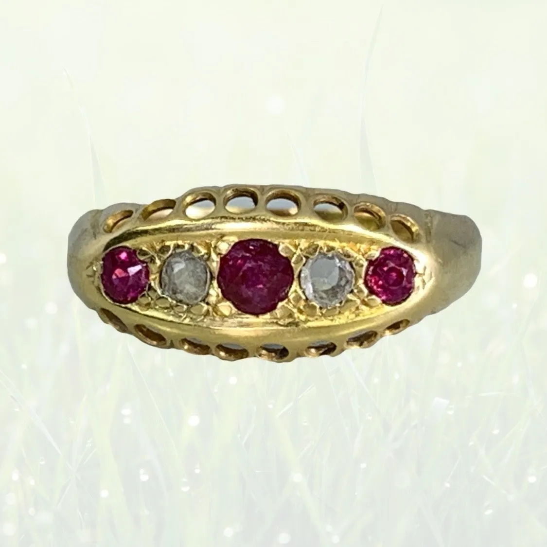 Secure Ornament 1890s Antique Spinel and Diamond Ring in 18k Yellow Gold. Unique Stacking or Wedding Ring.