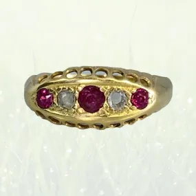 Secure Ornament 1890s Antique Spinel and Diamond Ring in 18k Yellow Gold. Unique Stacking or Wedding Ring.
