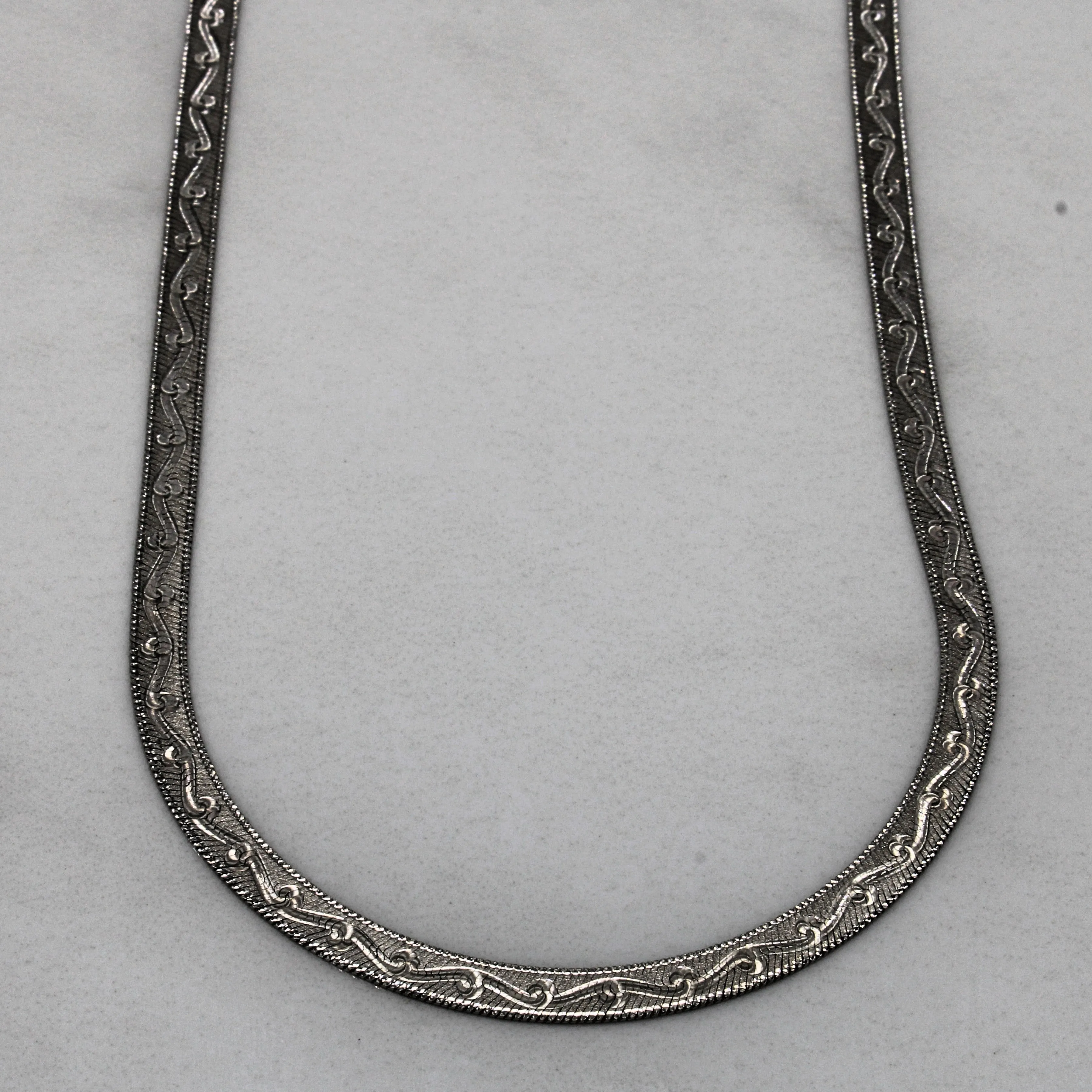 18k White Gold Patterned Herringbone Necklace | 16" | Artisan Piece