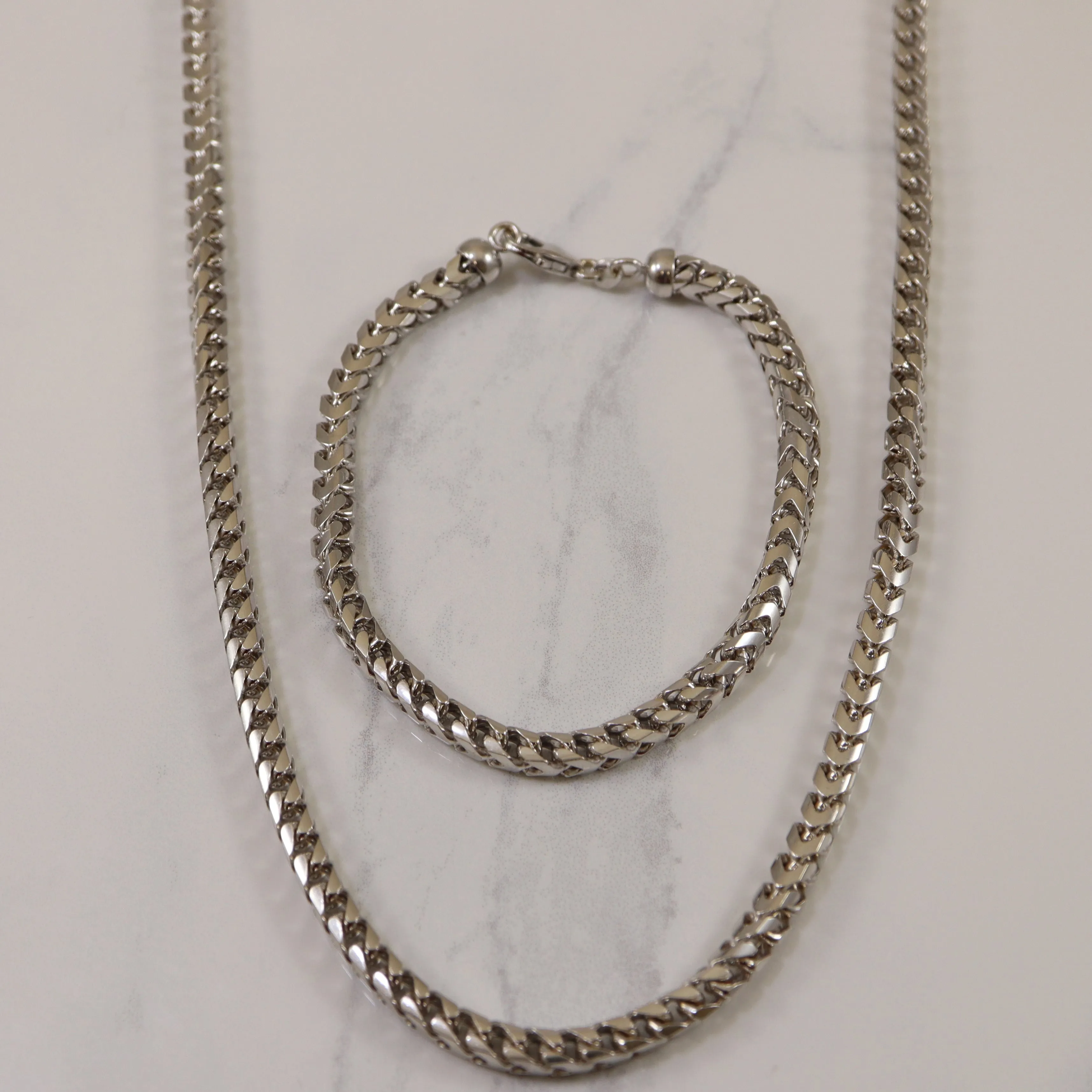 Refined Contour Subtle Form 18k White Gold Wheat Chain & Bracelet Set |