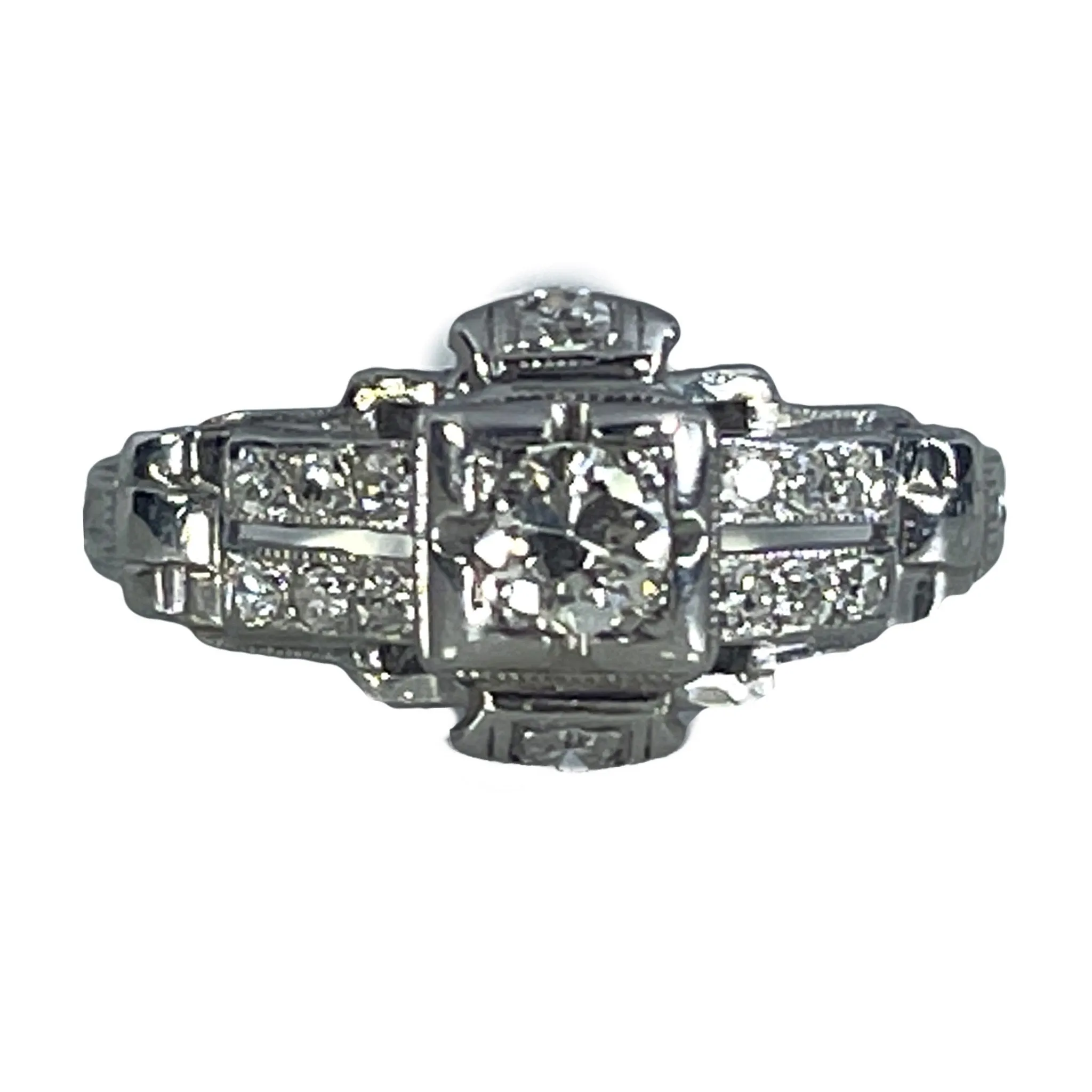 1920s Antique Art Deco Diamond Engagement Ring in a Platinum Filigree Setting. April Birthstone. Modern Design