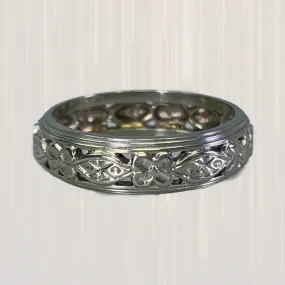 Date night Meaningful Adornment 1930s Ornate Wedding Ring in 14k White Gold with a Stunning Floral Design. Perfect Stacking Band.