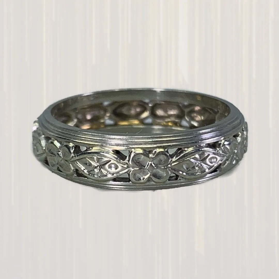 Date night Meaningful Adornment 1930s Ornate Wedding Ring in 14k White Gold with a Stunning Floral Design. Perfect Stacking Band.