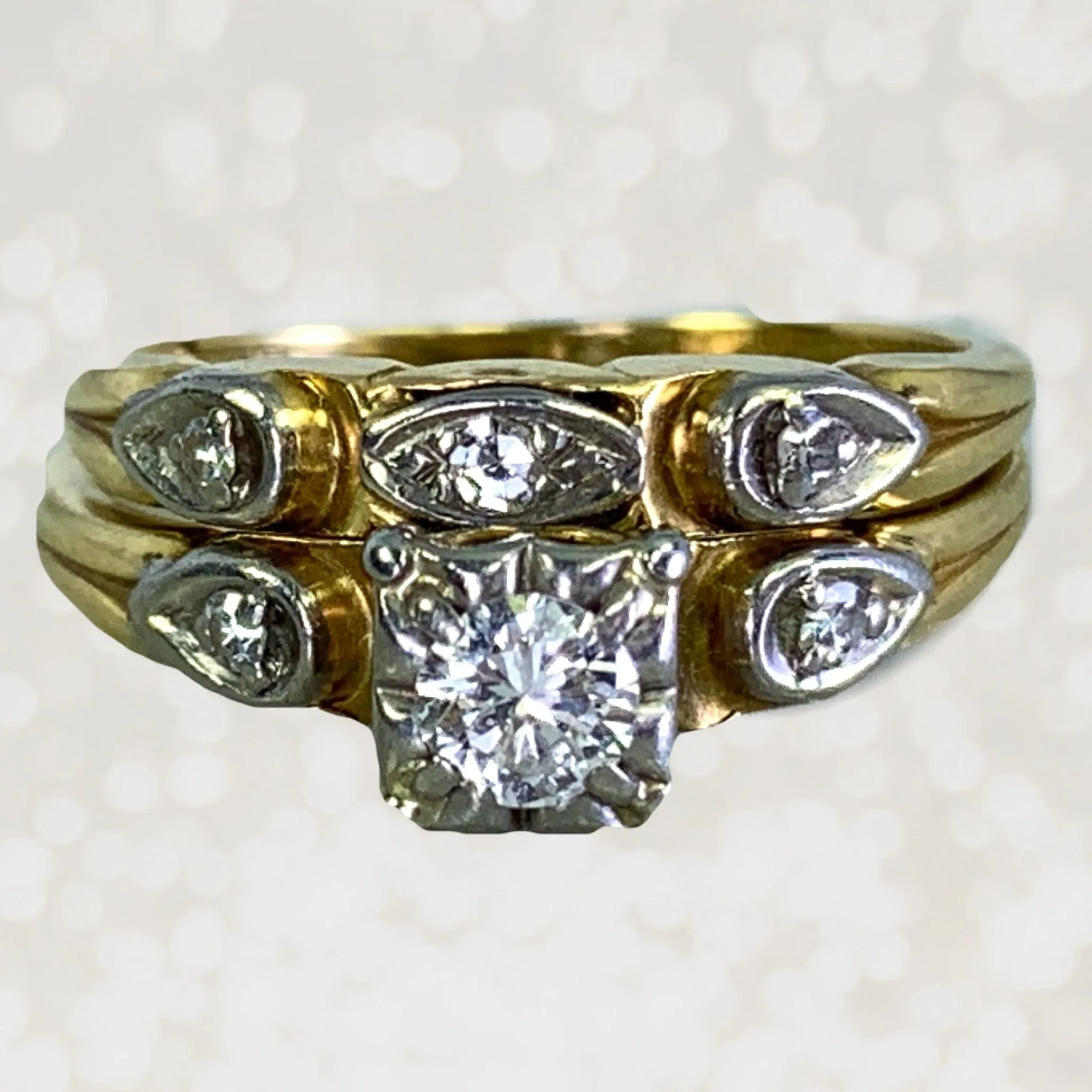 1950s Diamond Engagement Ring and Wedding Band Set in 14k Gold by Jabel. Vintage Estate Jewelry. Classic Accent
