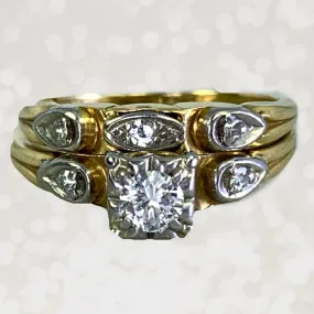 1950s Diamond Engagement Ring and Wedding Band Set in 14k Gold by Jabel. Vintage Estate Jewelry. Classic Accent