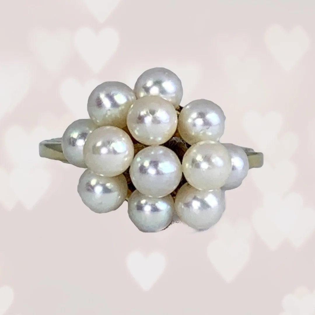 1950s Pearl Cluster Ring set in 14k Yellow Gold. Estate Fine Jewelry. June Birthstone. 4th Anniversary Gift. Dreamy Gift Fashion Piece