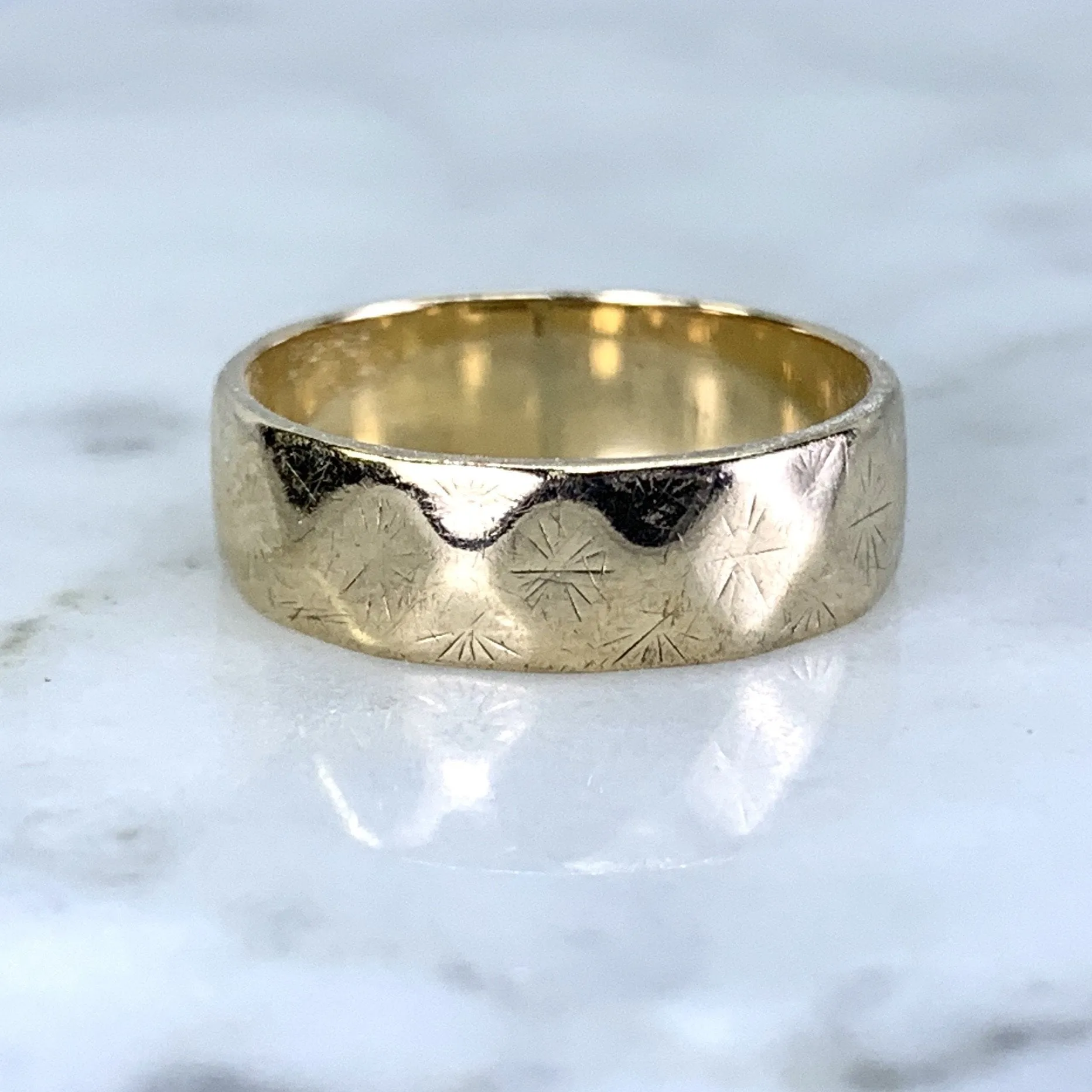 Low-Cost Product Exquisite Style 1960s Etched Gold Wedding Band or Stacking Ring in 9k Yellow Gold. Estate Jewelry. Size 4 1/2.