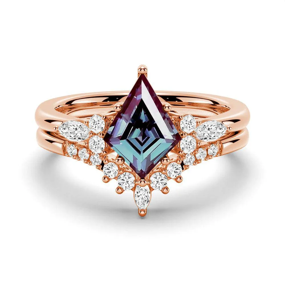 2 CT. Art Deco Kite Cut Alexandrite Engagement Ring Set With Moissanite Accents Versatile Sparkle
