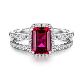 Minimal Form High-End Symbol 2 CT. Emerald Cut Lab Grown Ruby Ring Set with Matching Wedding Band