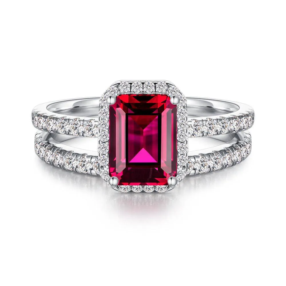 Minimal Form High-End Symbol 2 CT. Emerald Cut Lab Grown Ruby Ring Set with Matching Wedding Band