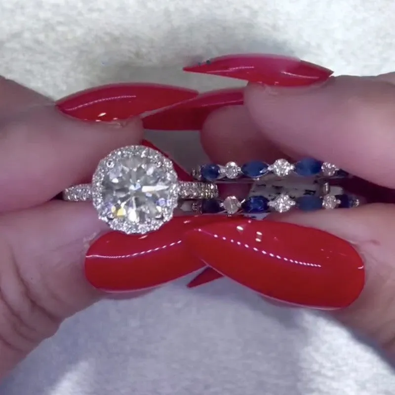 Bold Jewelry Retro Vibe 2.0Ct Round Cut Insert Wedding Ring Set With Unique White & Blue Stone Engagement Ring Enhancer
