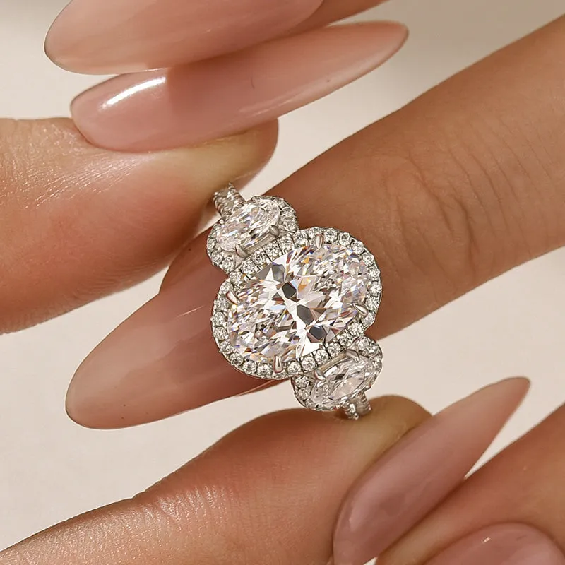 Pure Highlight 2.5Ct Halo Oval Cut Three Stone Engagement Ring Travel Ring In Sterling Silver