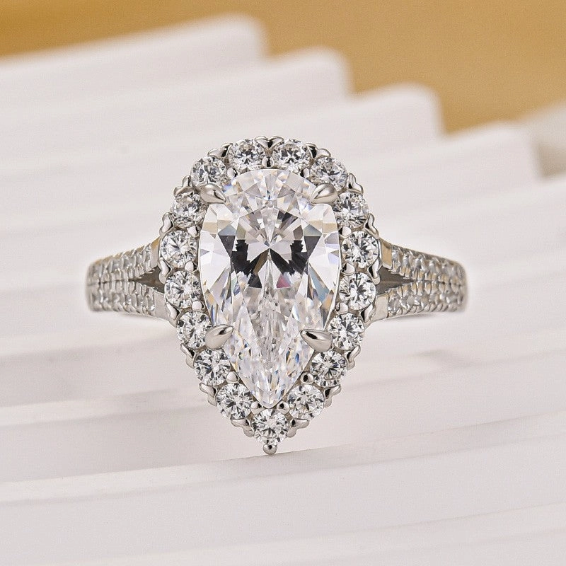 2.5Ct Halo Pear Cut Split Shank Engagement Ring In Sterling Silver Radiant Embellishments Bridal Accessory
