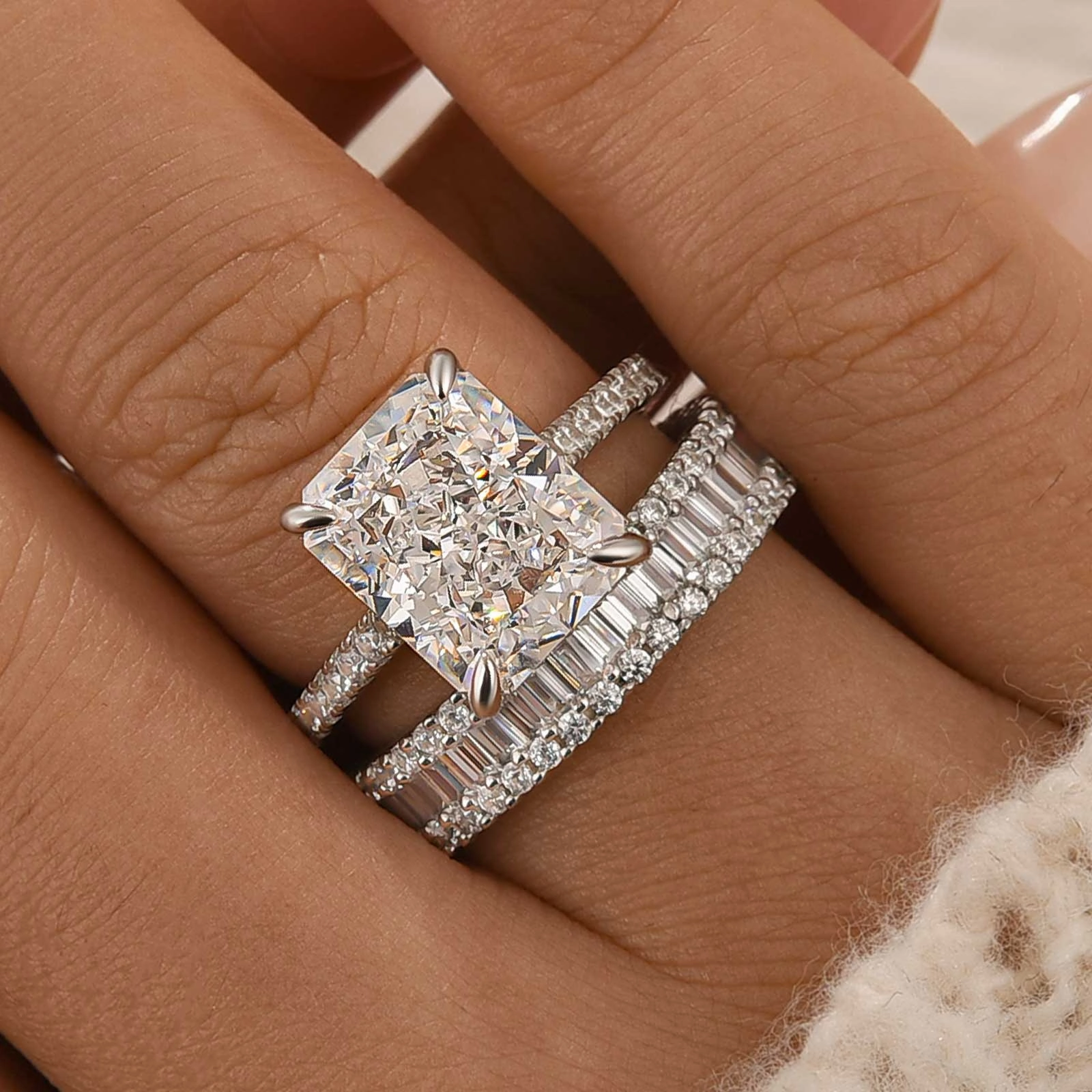 2PC Wedding Ring Set 5.0Ct Radiant Cut White Gold Pav?? Engagement Rings With Emerald Cut Wedding Band Allure Finish Flirty Look