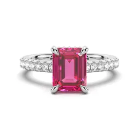 Crisp Sparkle 3 CT. Side Stone Lab Grown Ruby Engagement Ring With Hidden Halo