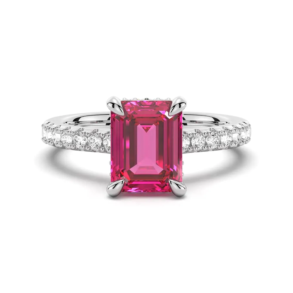Crisp Sparkle 3 CT. Side Stone Lab Grown Ruby Engagement Ring With Hidden Halo