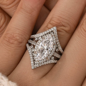 3.0Ct Halo Marquise Cut Insert Wedding Ring Set With Luxe Engagement Ring Enhancer Exclusive Look