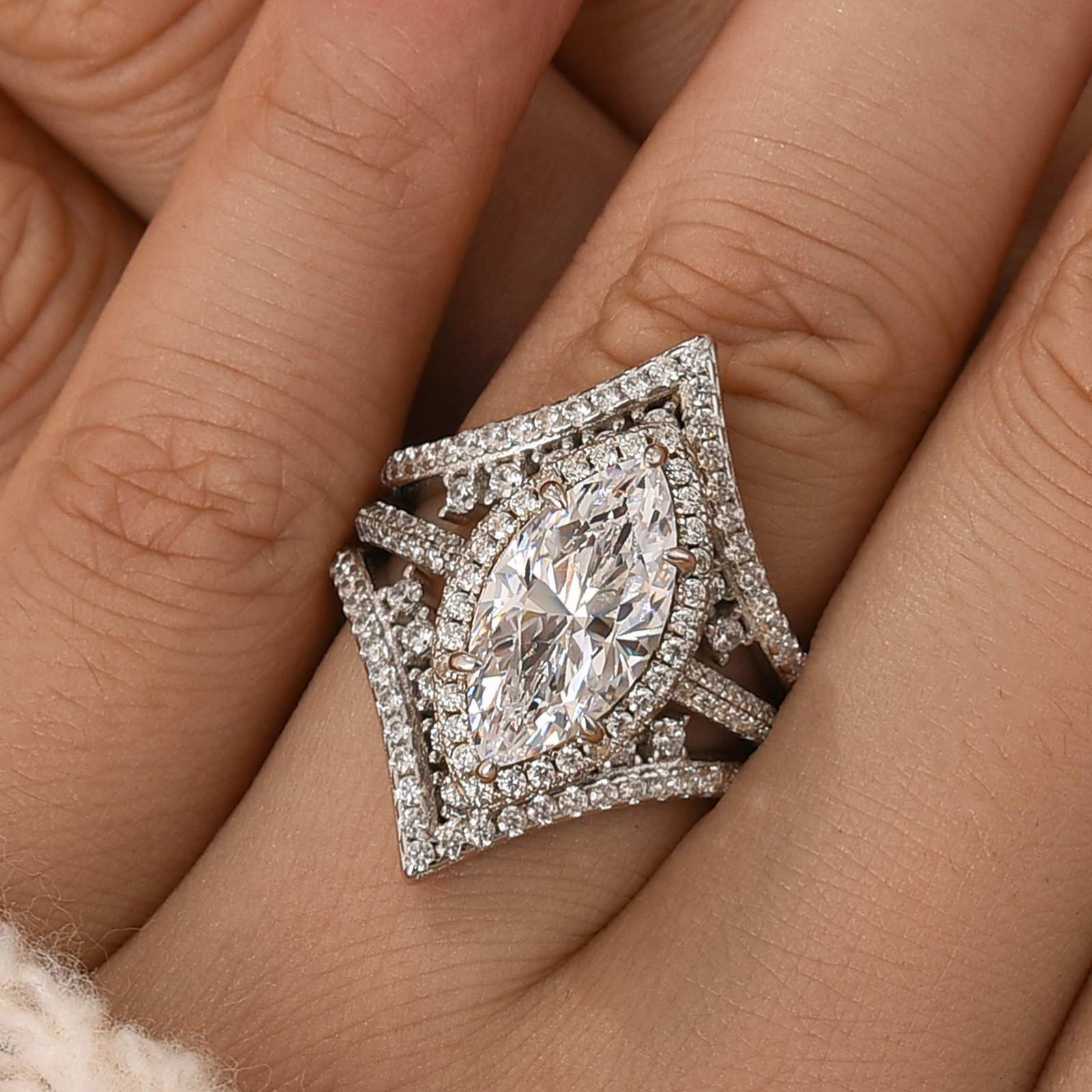 3.0Ct Halo Marquise Cut Insert Wedding Ring Set With Luxe Engagement Ring Enhancer Exclusive Look