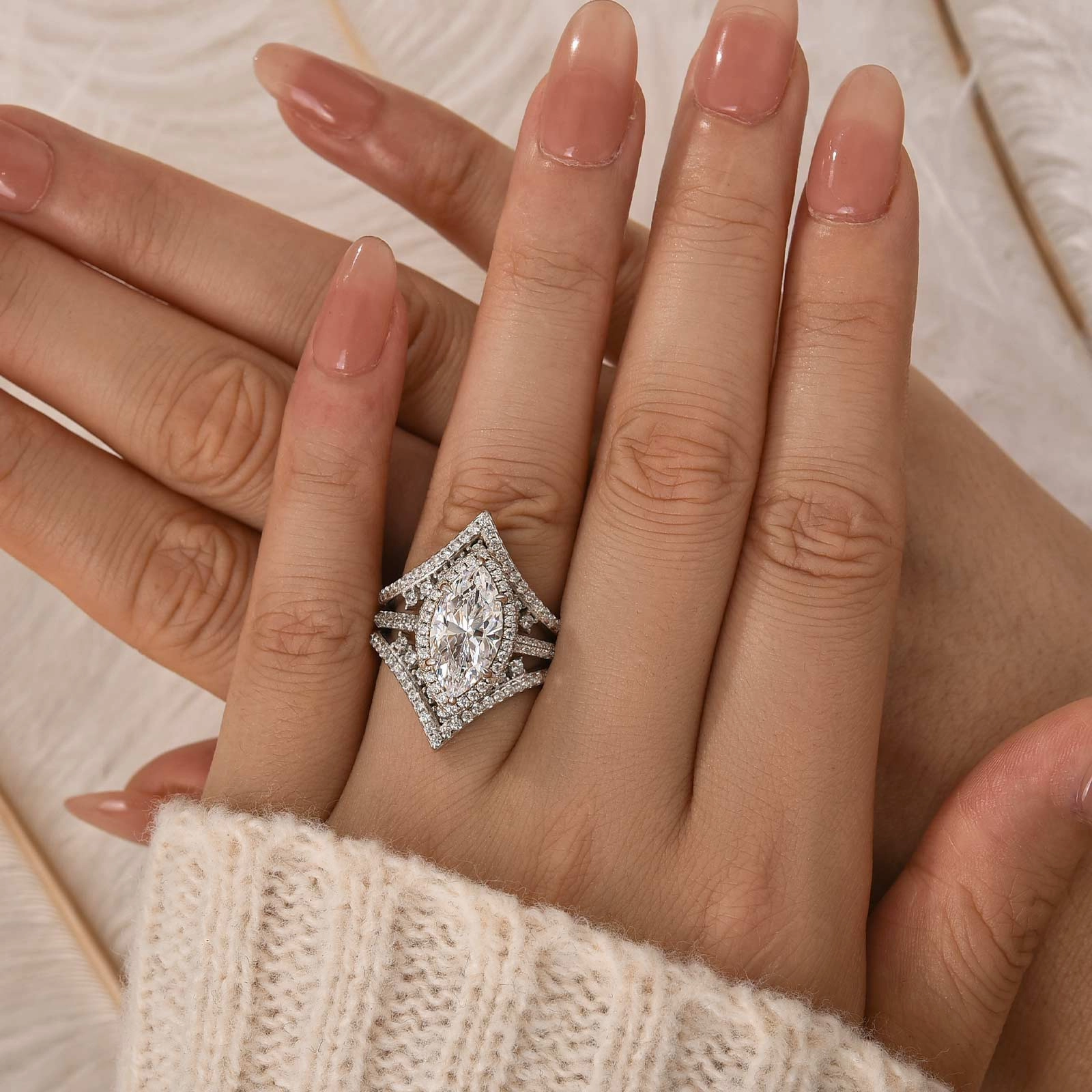 3.0Ct Halo Marquise Cut Insert Wedding Ring Set With Luxe Engagement Ring Enhancer Luxe Look