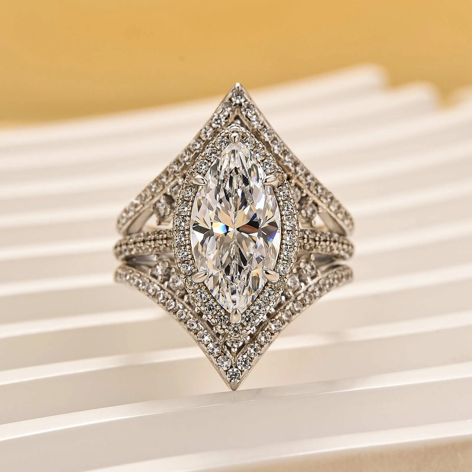 Effortless Layer Clean Lines 3.0Ct Halo Marquise Cut Insert Wedding Ring Set With Luxe Engagement Ring Enhancer