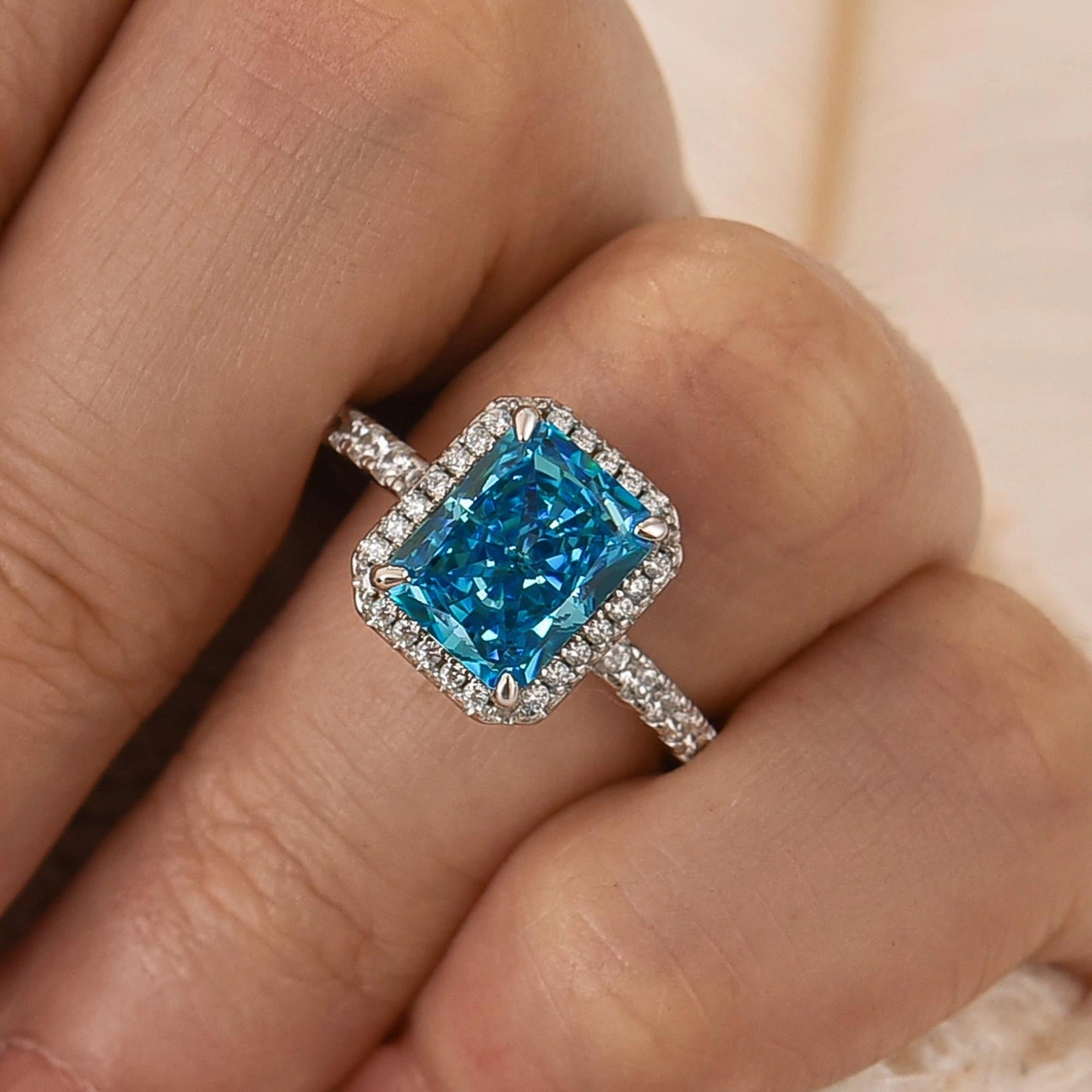 3.0Ct Radiant Cut Halo Engagement Ring Travel Ring In Sterling Silver Charming Accent