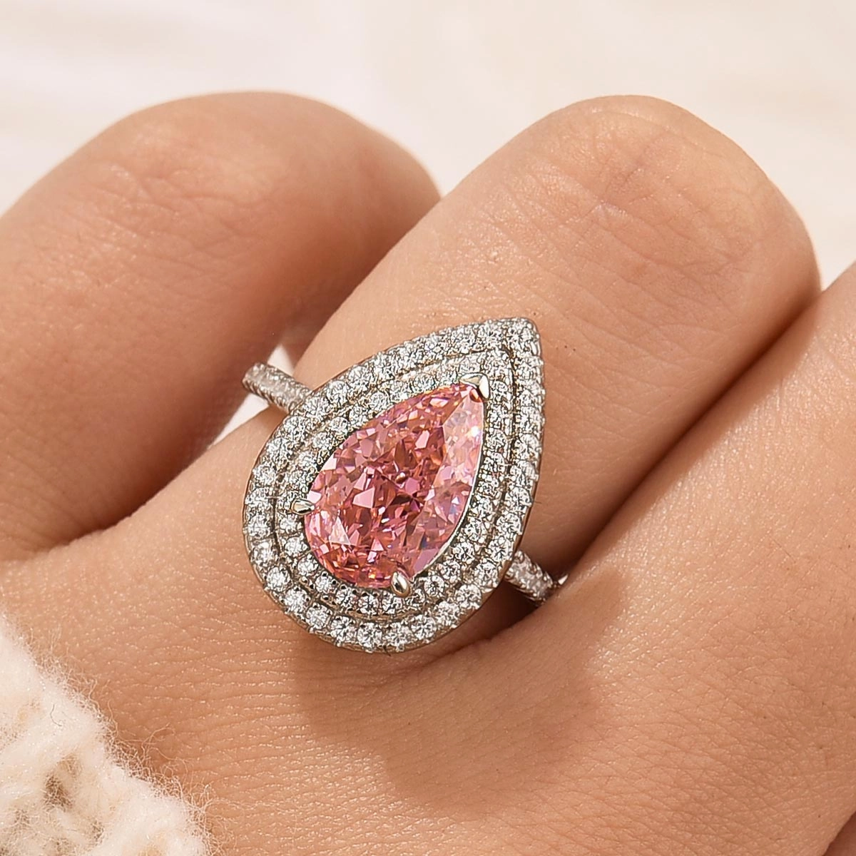 3.5 Carat Double Halo Pear Cut Engagement Ring Travel Ring Luxury Vibe Timeless Grace