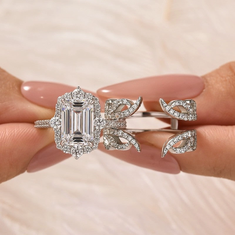 Signature Look Exclusive Glow 3.5Ct Emerald Cut Halo Engagement Ring Insert Wedding Ring Set With Engagement Ring Enhancer