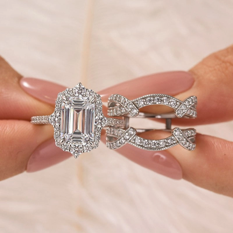 3.5Ct Emerald Cut Halo Engagement Ring With Engagement Ring Enhancer Elegant Snap