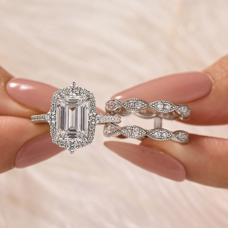 3.5Ct Emerald Cut Halo Insert Wedding Ring Set With Engagement Ring Enhancer Clean Texture Smooth Curve