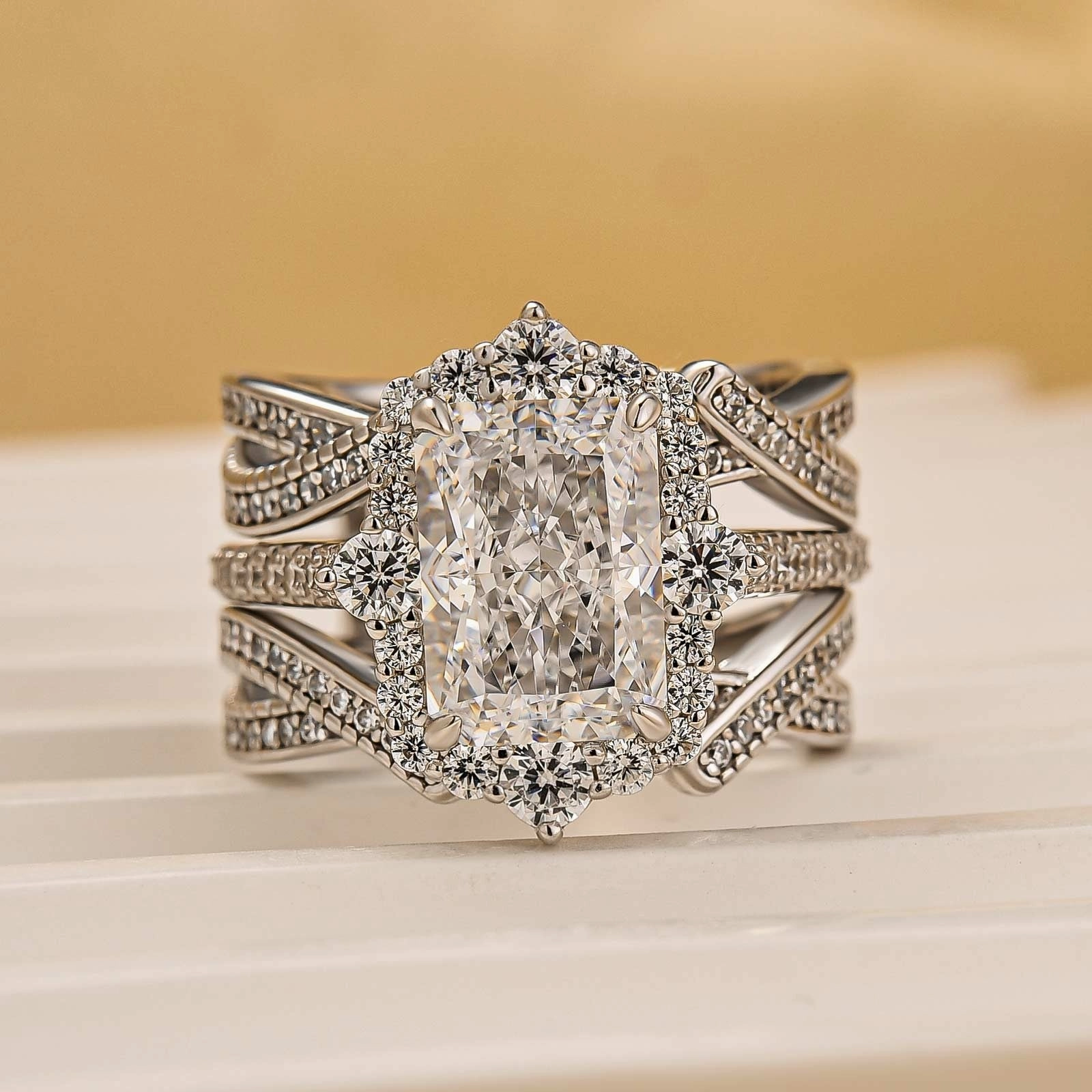 Classic Glimmer Finishing Feature 3.5Ct Halo Radiant Cut Insert Wedding Ring Set With Engagement Ring Enhancer