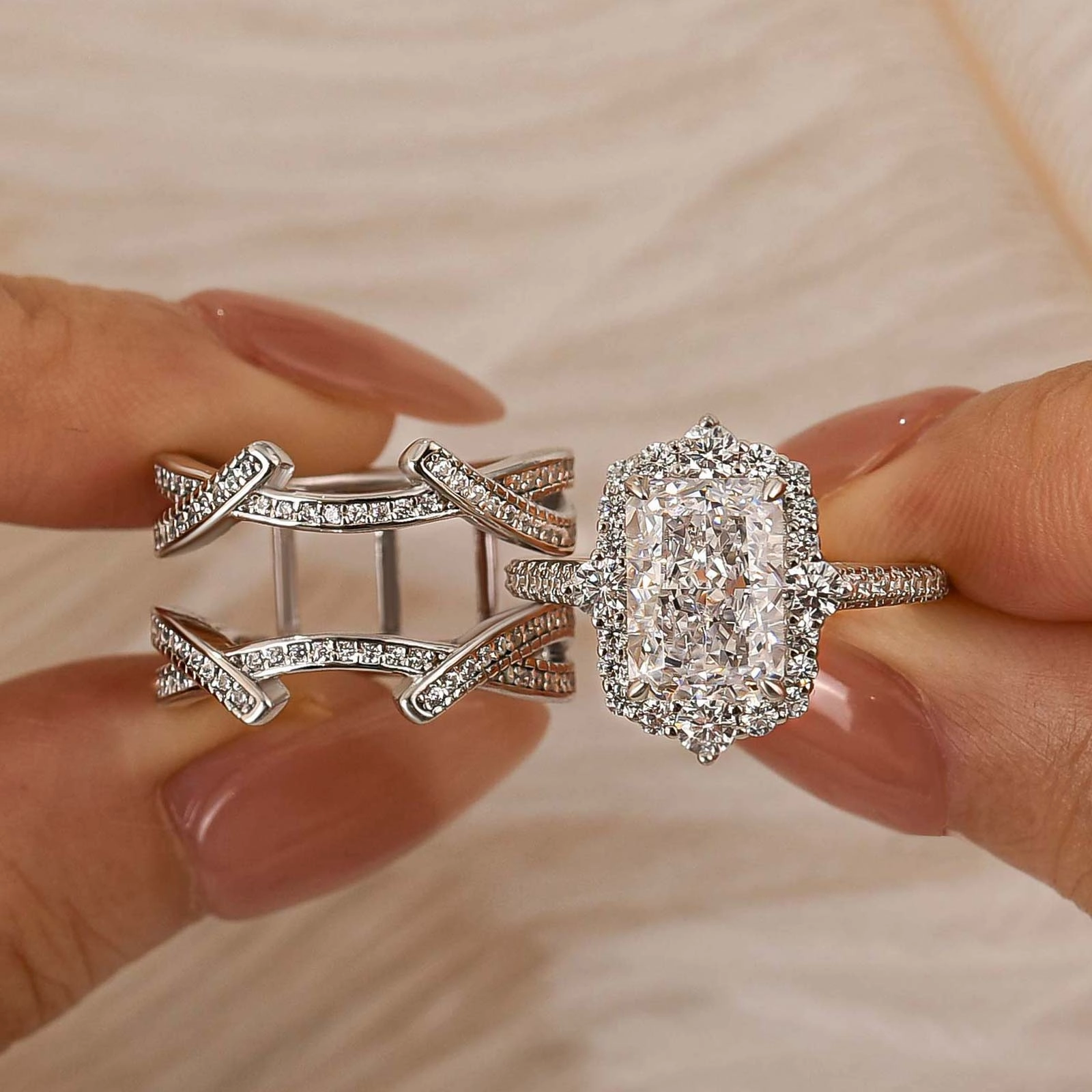 Precious Stones 3.5Ct Halo Radiant Cut Insert Wedding Ring Set With Engagement Ring Enhancer