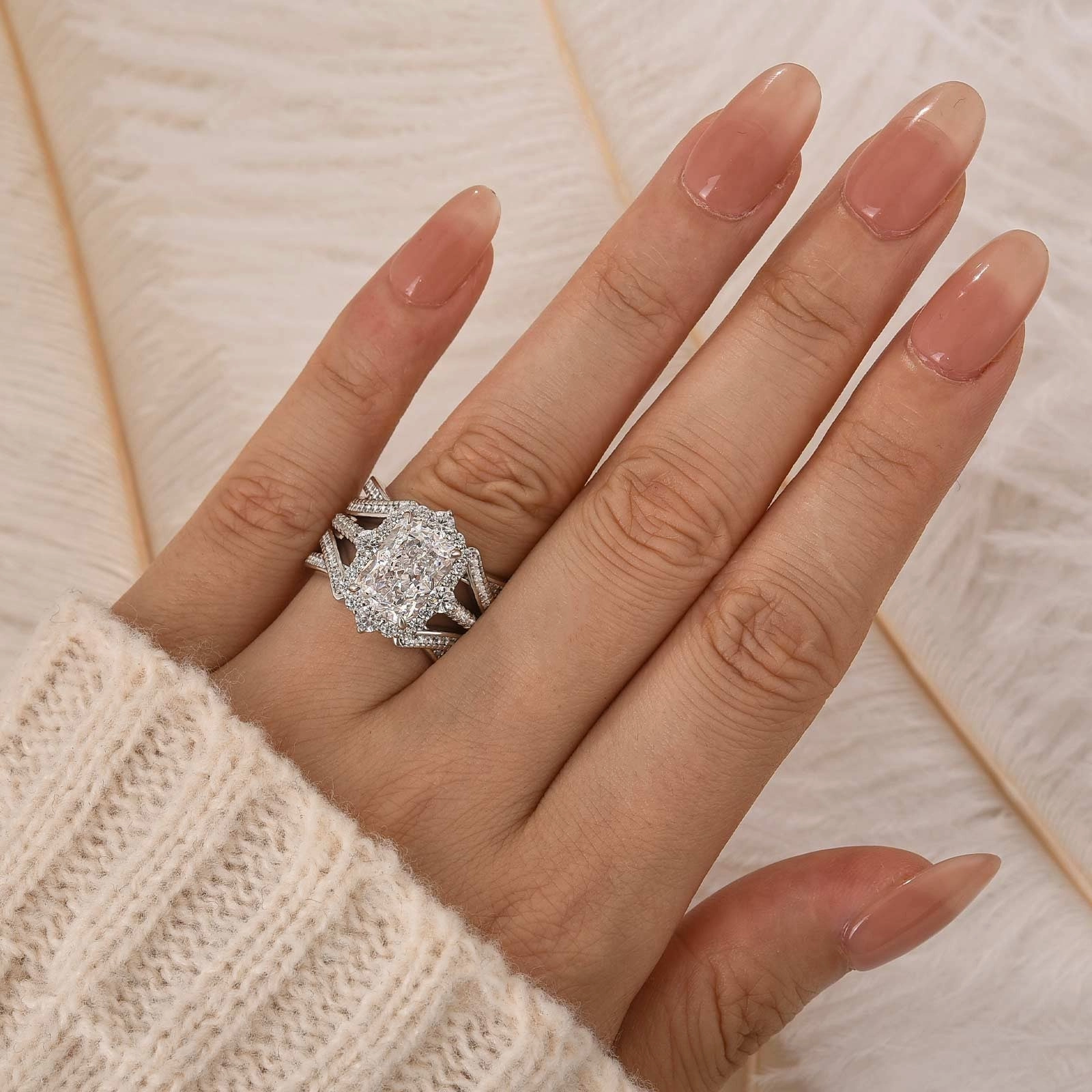 Night Accent 3.5Ct Halo Radiant Cut Insert Wedding Ring Set With Engagement Ring Enhancer