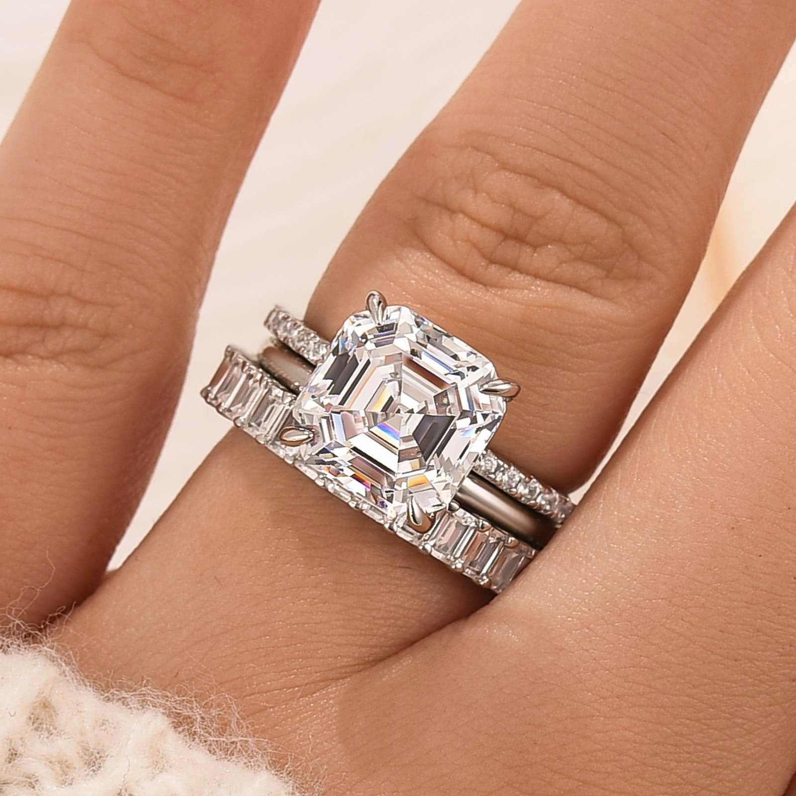 3PC 5.0 Carat Asscher Cut Wedding Ring Set With Classic Wedding Bands Sculpted Shape Everyday Pick