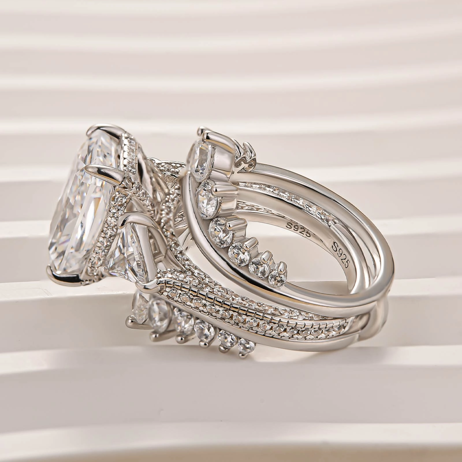 3PC Wedding Ring Set 5.0Ct Radiant Cut White Gold Side Stone Engagement Rings With 2PC Pav?? Jacket Wedding Band Contemporary Form Perfect Finish