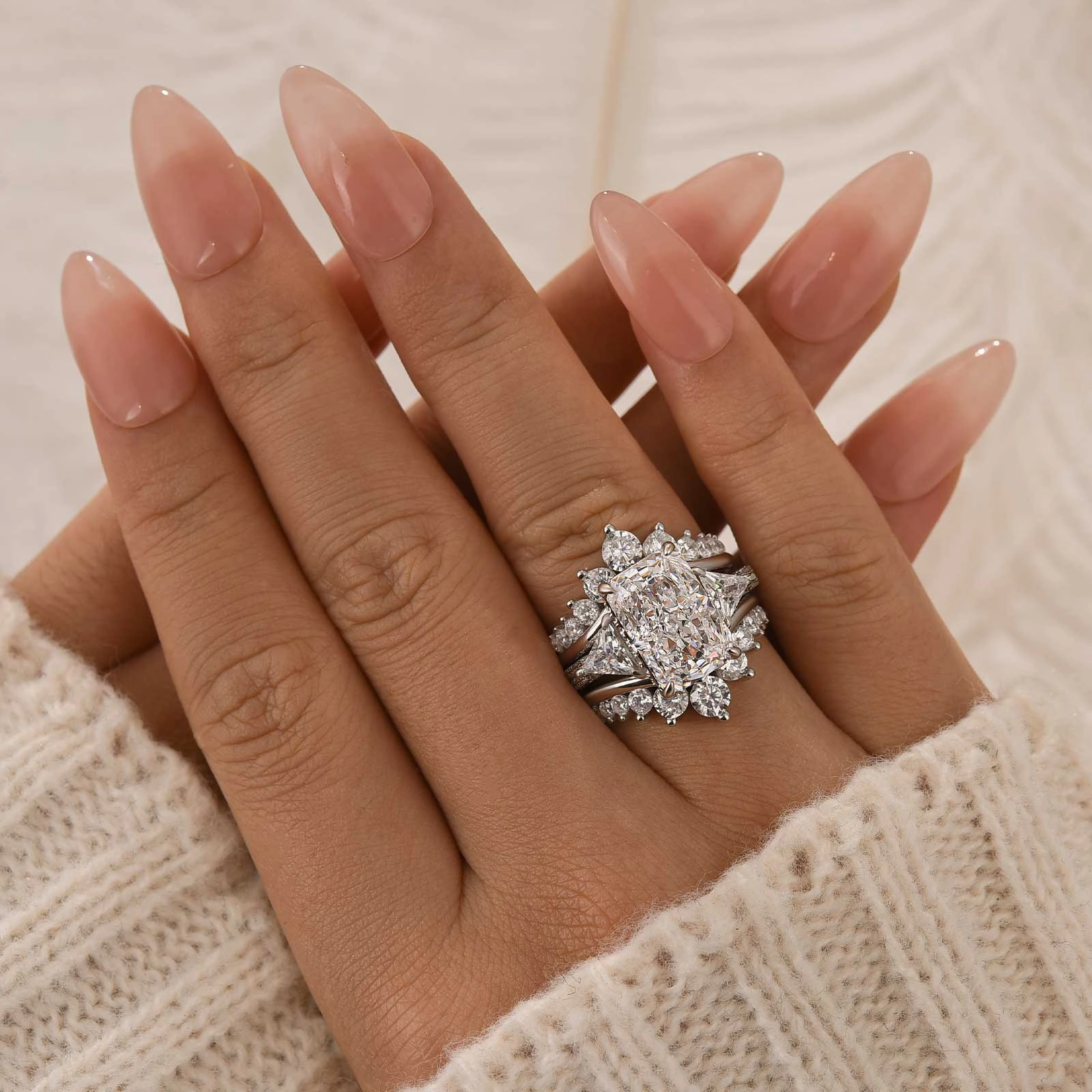 3PC Wedding Ring Set 5.0Ct Radiant Cut White Gold Side Stone Engagement Rings With 2PC Pav?? Jacket Wedding Band Polished Flow