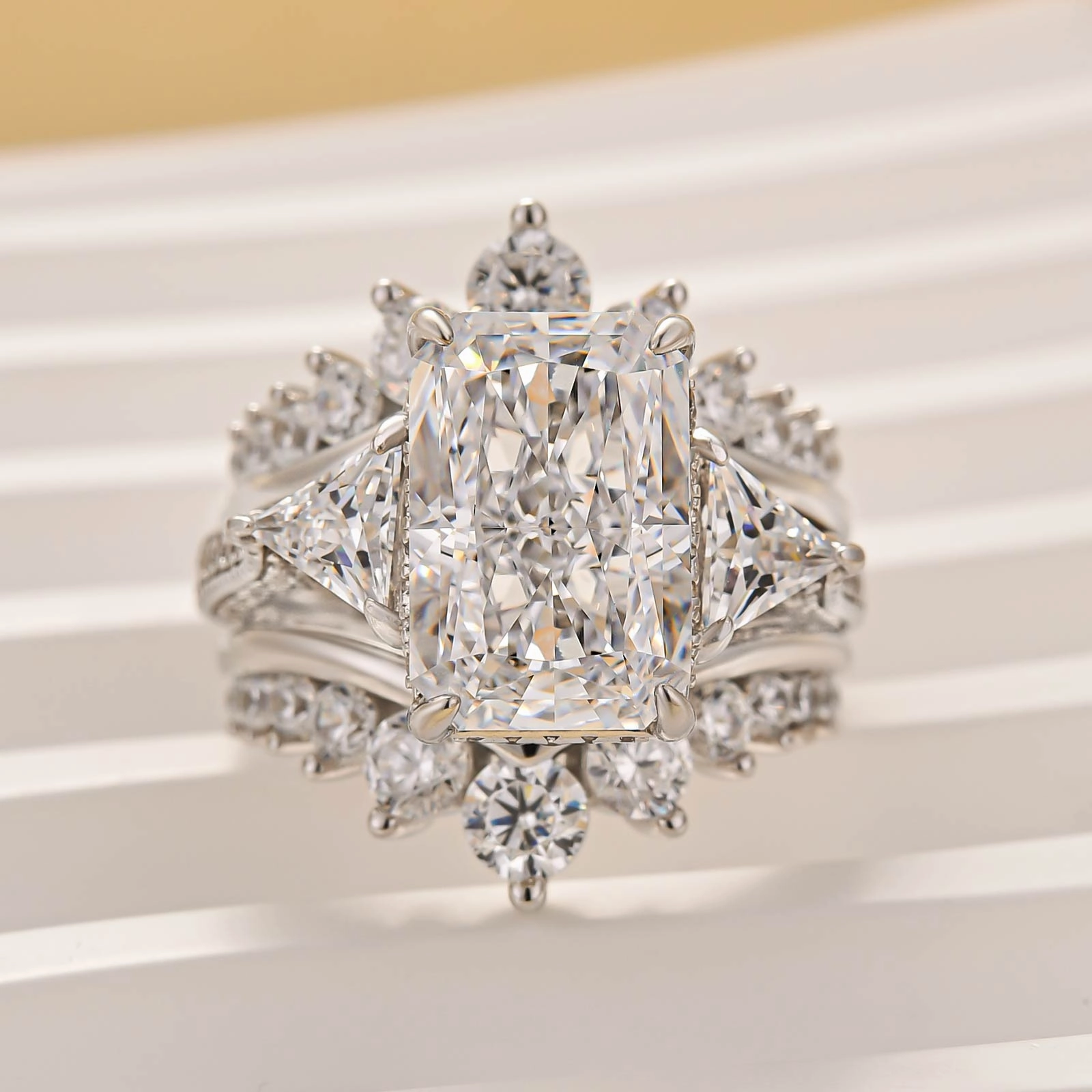 Classic Mood Date Style 3PC Wedding Ring Set 5.0Ct Radiant Cut White Gold Side Stone Engagement Rings With 2PC Pav?? Jacket Wedding Band