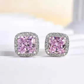4.0 Carat Halo Square Princess Cut Pink Sapphire Sterling Silver Women's Stud Earrings Flirty Accent daily accessory