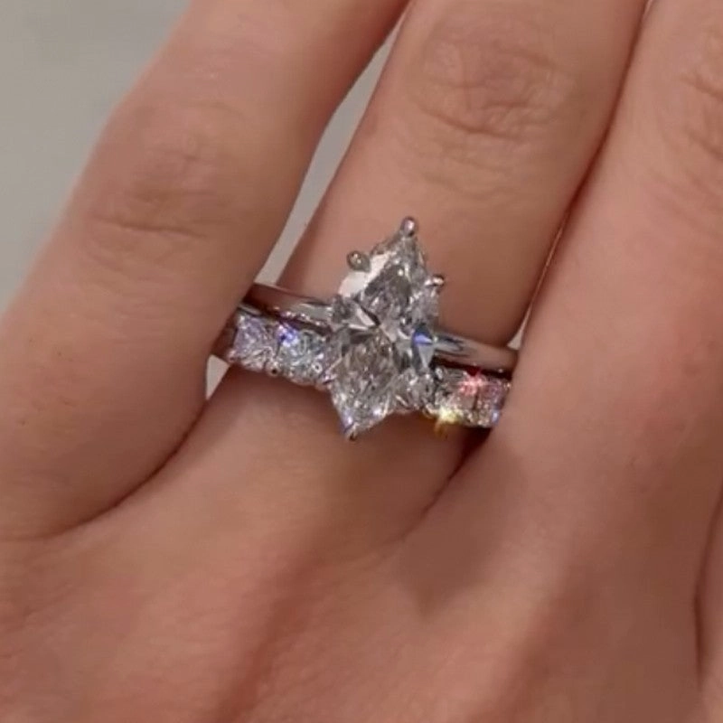 4.0Ct Marquise Cut Hidden Halo Engagement Ring With Classic Wedding Band Elegant Shine Finish
