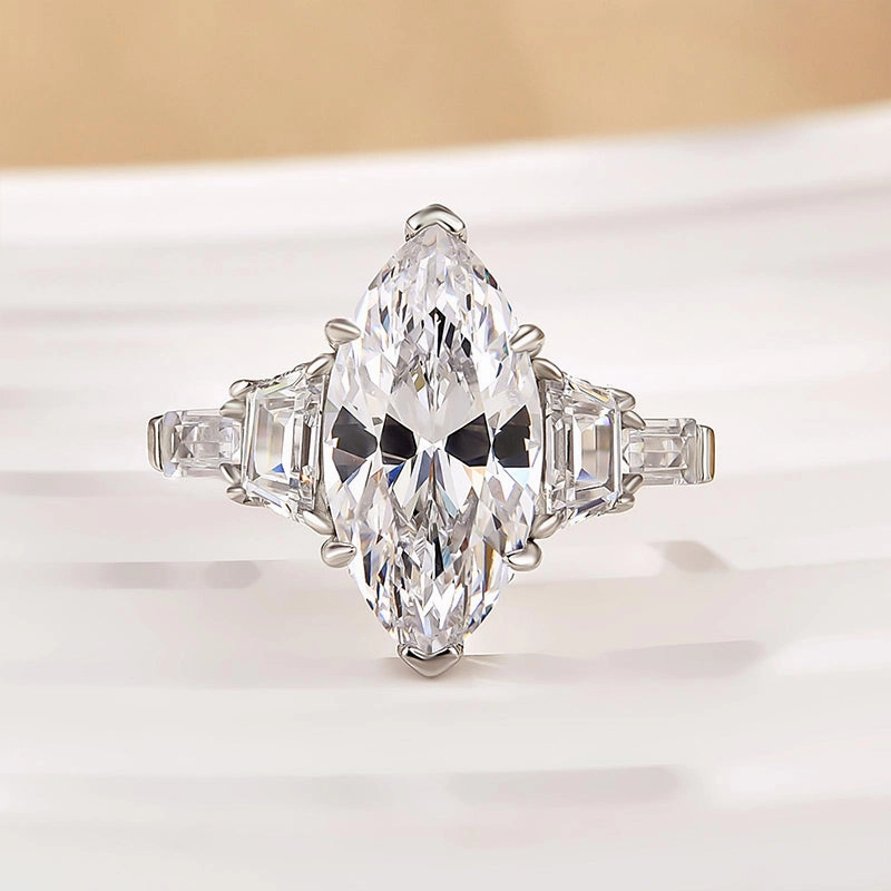 4.0Ct Marquise Cut Three Stone Engagement Ring In Sterling Silver Glittering Details