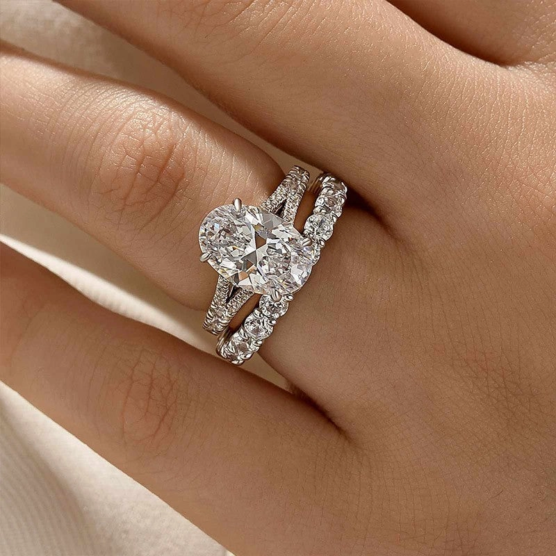 4.0Ct Oval Cut Split Shank Wedding Ring Set With Eternity Wedding Band Travel Ready