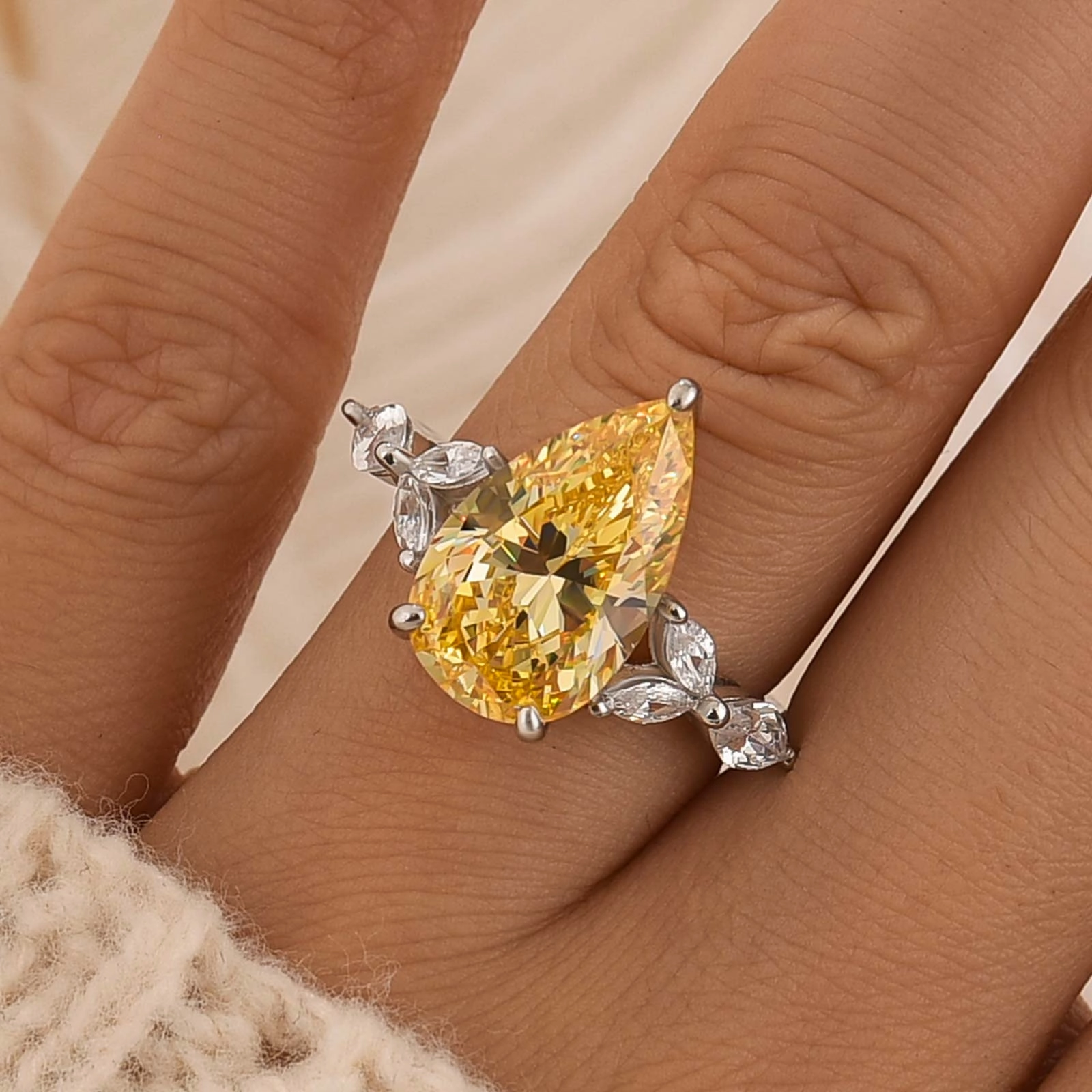 Shimmering Craft Instant Match 4.5Ct Pear Cut Yellow Stone With Design Marquise Side Stone Engagement Rings