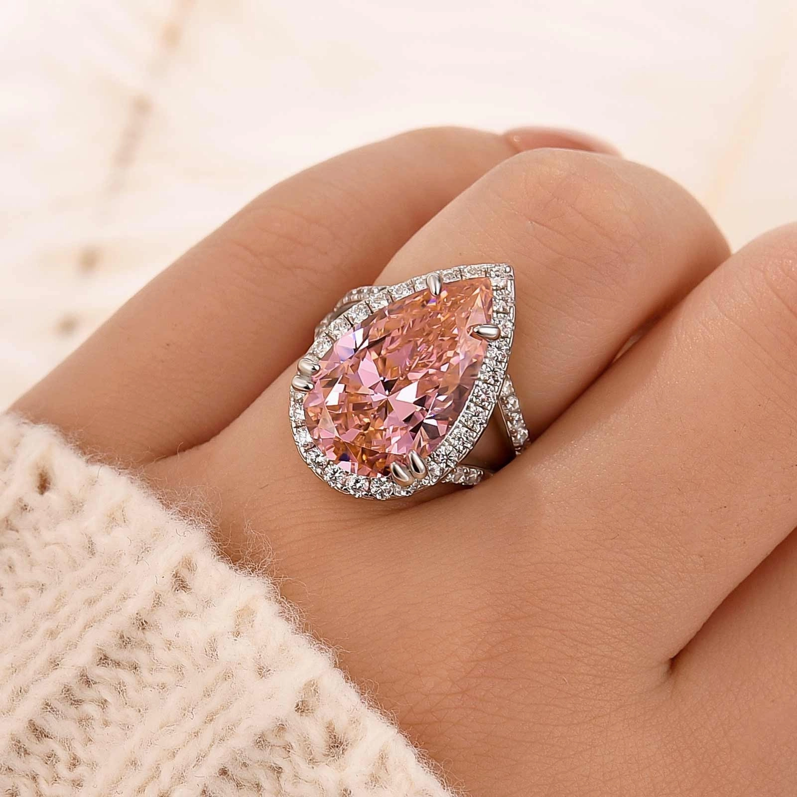Elegant Shape 6.5Ct Pear Cut Pink Stone Halo Engagement Ring In Sterling Silver