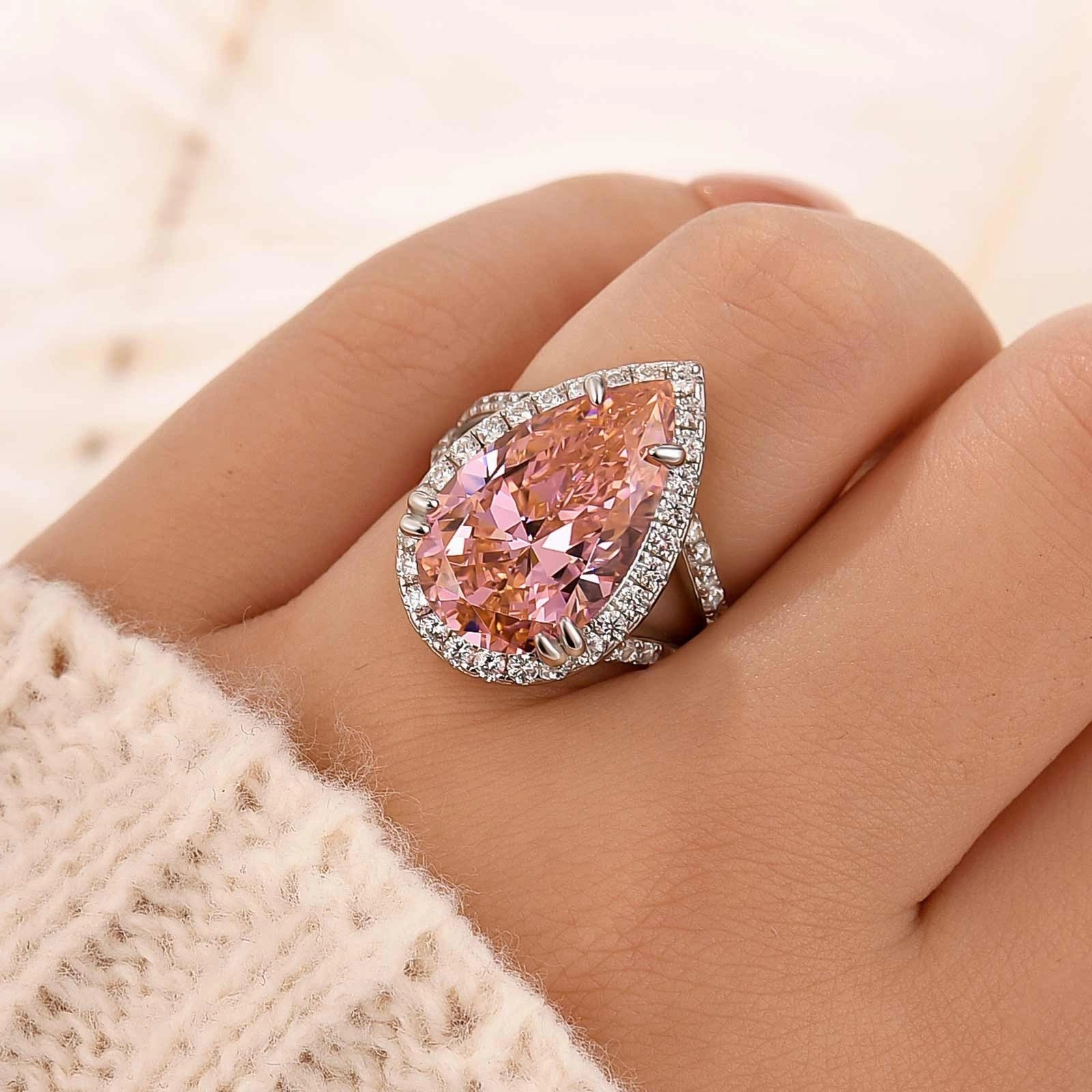 6.5Ct Pear Cut Pink Stone Halo Engagement Ring In Sterling Silver Lively Spirit Opulent Shine